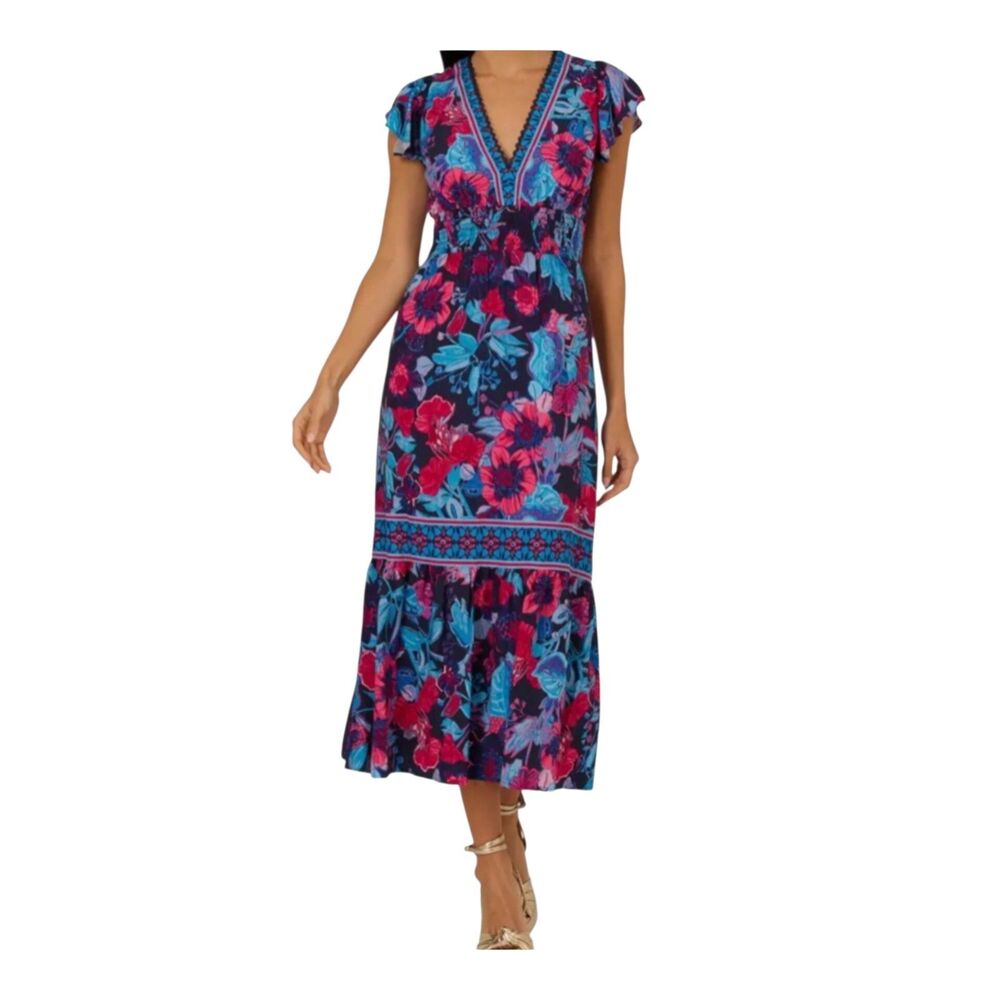 Adrianna Papell Boho Floral‎ Multi Midi Dress Sz14 Smocked Waist Flutter Sleeve - Picture 13 of 14